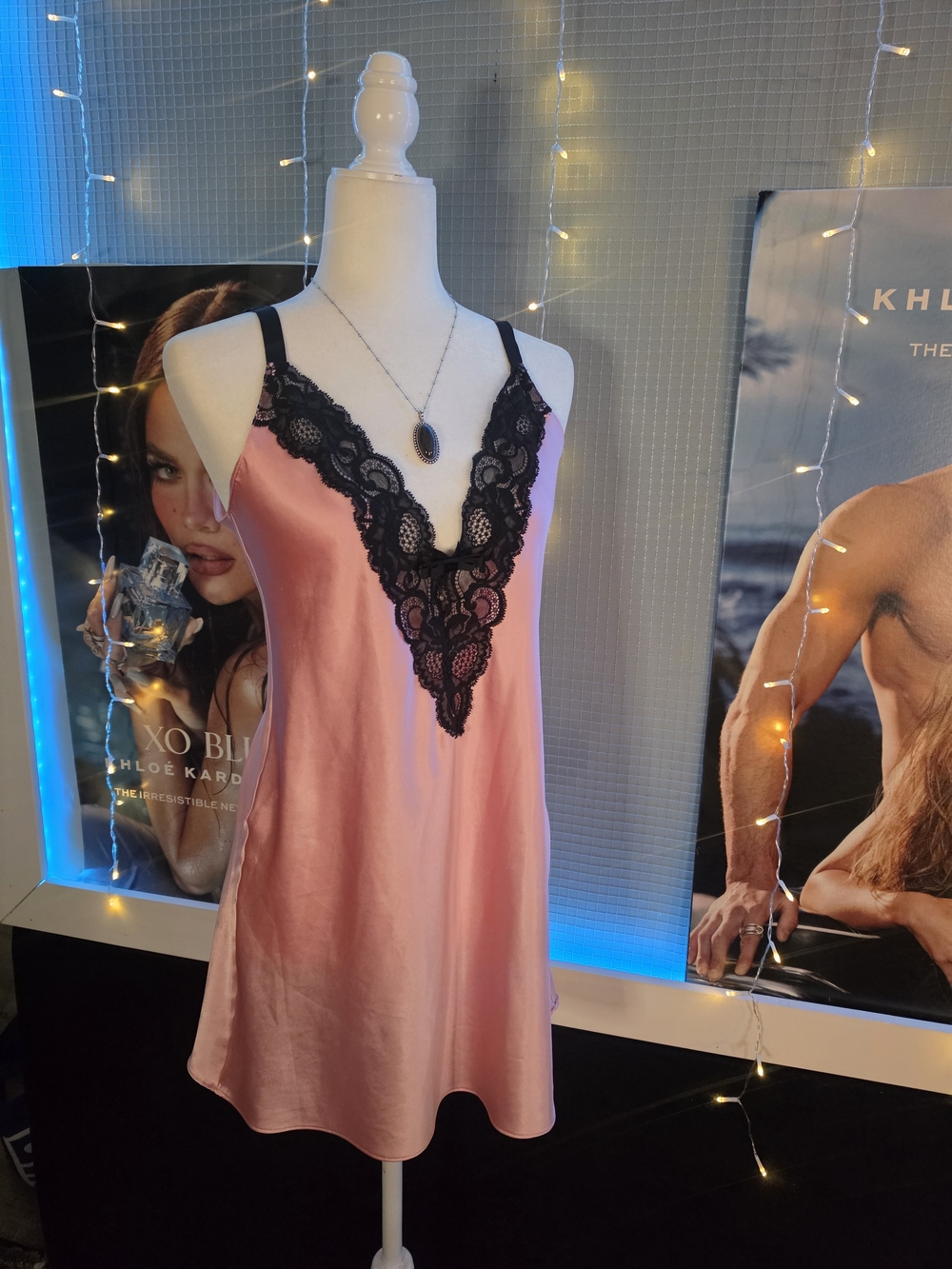 Victoria's Secret Pink Satin Chemise with Black Lace Trim